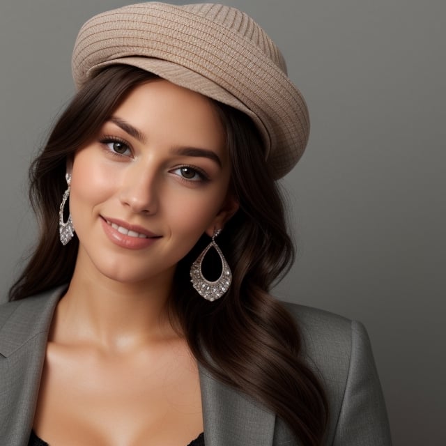 1girl, solo, long hair, looking at viewer, smile, brown hair, black hair, hat, brown eyes, jewelry, upper body, earrings, grey background, lips, formal, suit, realistic