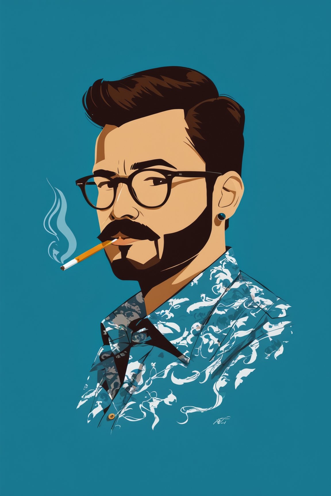 AiArtV, Flat Illustration, Vector Illustration, solo,dark brown,simple background,brown hair,shirt,black hair,1boy,upper body,male focus,earrings,glasses,artist name,signature,facial hair,medium beard,blue background,mustache,smoking,print shirt