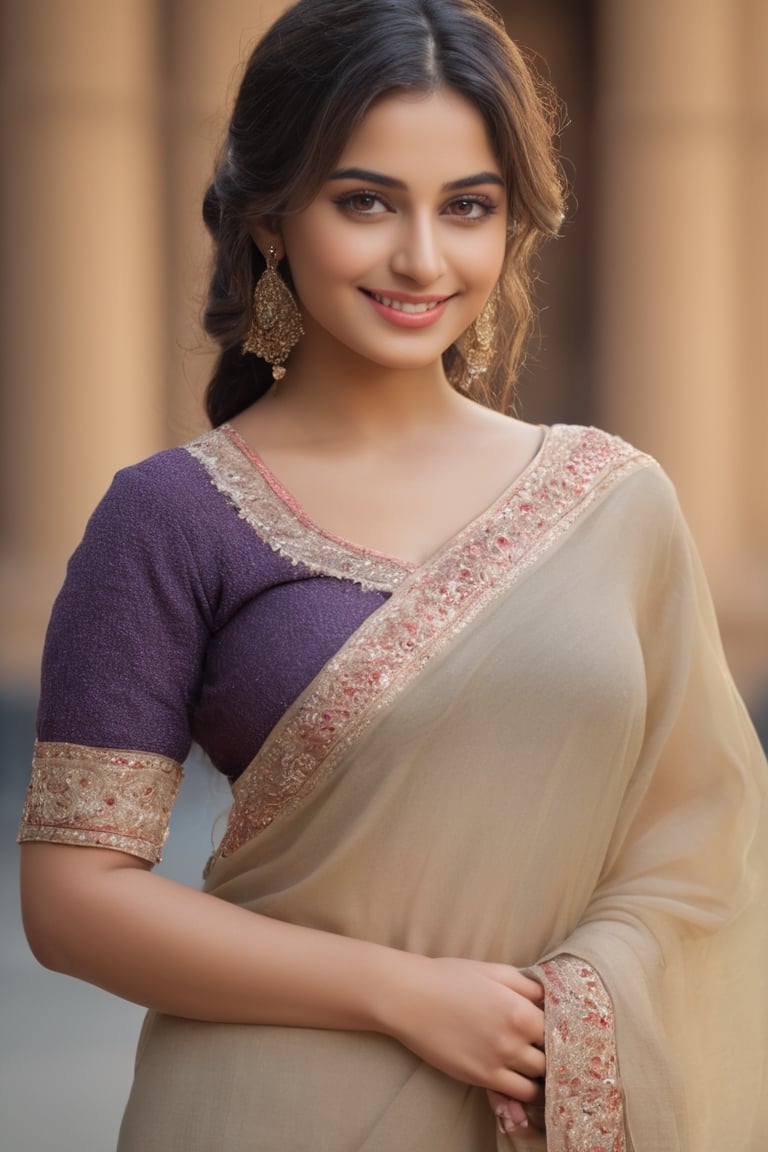 (best quality, 4k, 8k, highres, masterpiece:1.2), ultra-detailed, realistic, cute smile, beautiful detailed face, beautiful detailed hands, extremely detailed eyes, long eyelashes, curvy_figure,Sexy Pose,wearing_trouser_qameez_duppata,looking_at_viewer