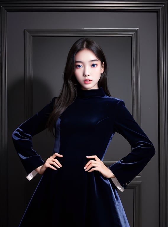 1 girl, a 20-year-old Korean girl, a portrait of her upper body looks at the viewer,
Perfect eyes, eyes, symmetrical pale blue eyes, redness, beauty, face concentration, straight thin redness, beautiful eye photography,wearing black velvet gown. white over velvet coat