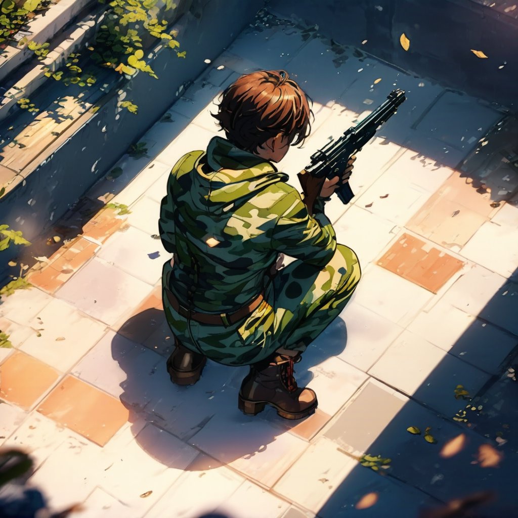 a man in camouflage crouching on the ground with a long gun held forward, viewed from the back, anime style, top view ,Colorful