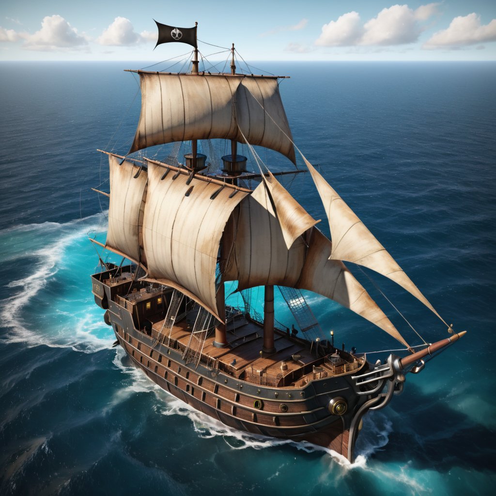 A simple ship with a tattered sail,on the ocean, Overhead perspective,monster, ,steampunk style ,Top view ,In a realistic style