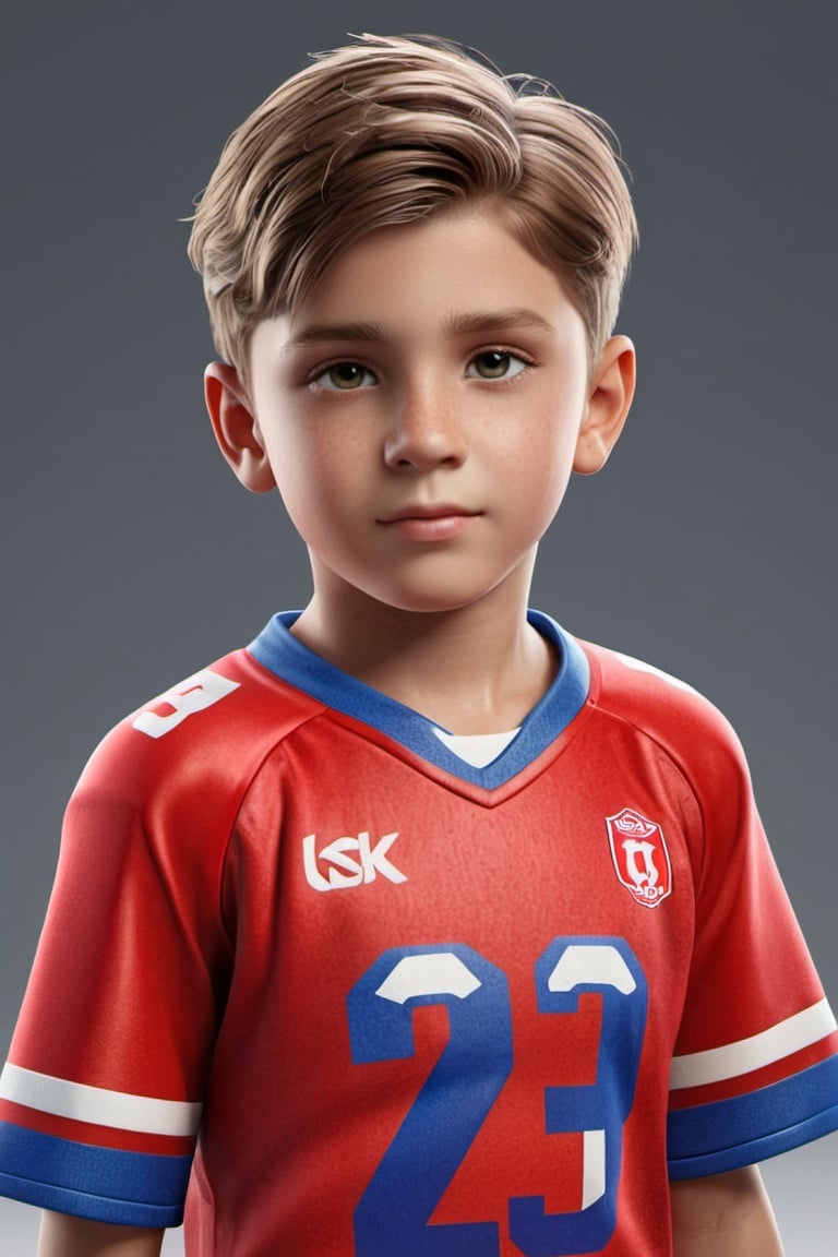 A very beautiful boy, about 10 years old, wearing a football jersey,full body image of a young boy, cute and realistic, bright octane colors make it popular on Artstation,8k.