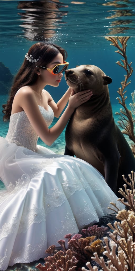 A stunning underwater scene: a lone girl, resplendent in her wedding dress, descends into the crystal-clear waters. As she dives deeper, a curious sea lion swims alongside her, its curious gaze meeting hers. The girl's eyes are hidden behind futuristic eye goggles, while a love logo glows softly on her chest. The sharp focus captures the intricate details of the sea floor's beautiful landscape, with coral and seaweed swaying gently in the current.