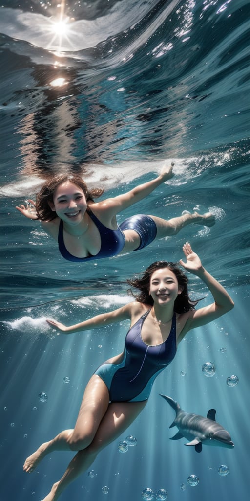 Girl swimming in crystal-clear waters, wearing a full-coverage swimsuit, with a playful dolphin by her side. She's underwater, surrounded by shimmering bubbles, and waving one hand above the water's surface. The image is shot from a slight angle, emphasizing the serenity of the scene. Soft sunlight filters through the surface, casting a warm glow on the girl's skin. The framing showcases the dolphin's sleek body and the girl's joyful expression.