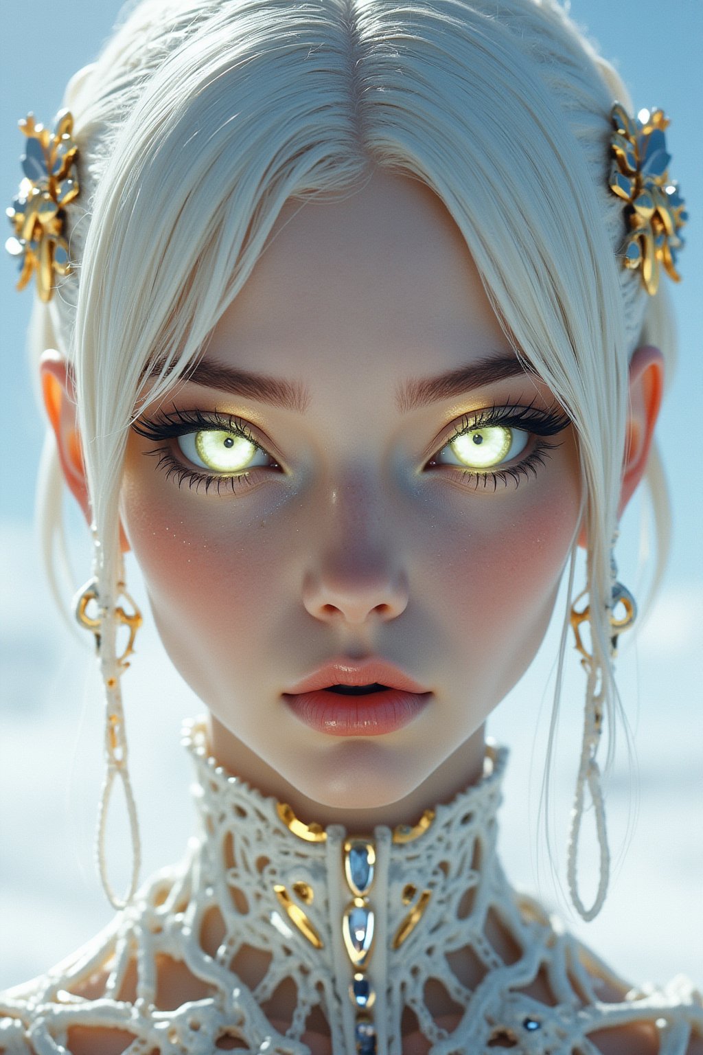 close, albino woman with glowing eyes and hair in white gold jewelry, light painting, futuristic digital, realistic sci-fi, lights, gold filigree, silver lashes, diamond, ethereal, misty, holographic, white sky on background,glitter