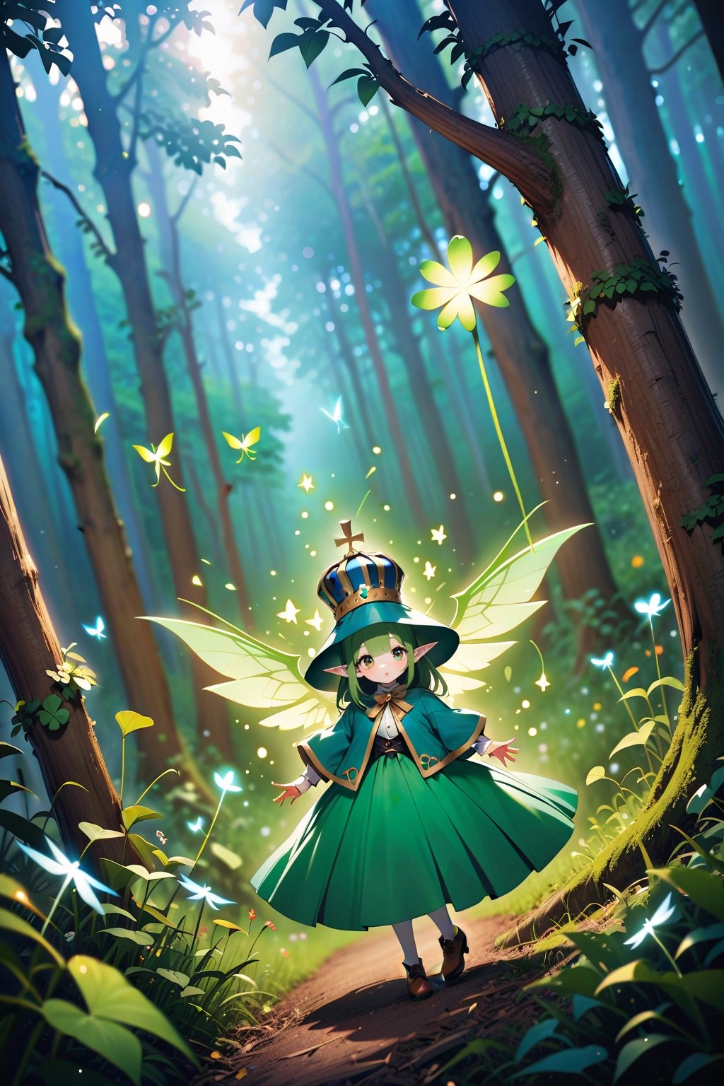 The noble wizard of Oz, dressed in clothes decorated with four-leaf clover and wearing a crown made of four-leaf clover, has beautiful green elf wings and flies and shuttles in the magical forest.