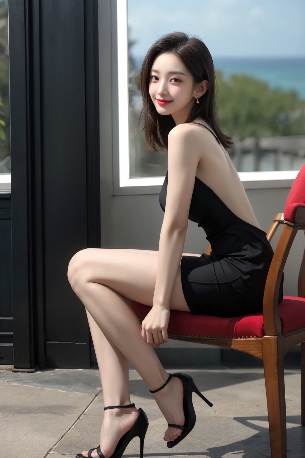 1girl, solo, long hair, breasts, looking at viewer, smile, large breasts, brown hair, black hair, dress, hands on legs, bare shoulders, brown eyes, jewelry, medium breasts, standing, long leg, full body, earrings, sleeveless, indoors, black footwear, blurry, black dress, high heels, from side, cup, lips, sideboob, depth of field, blurry background, chair, table, backless outfit, realistic, backless dress, fasion model, Radiant, Cyberghetto, graffitti, portrait, Blender rendering, Grainy, Digital painting, olive colors, Groundcore, accent lighting, Ultra-realistic, highly detailed, natural lighting, ocean environment, Unity engine, 8k, ARA