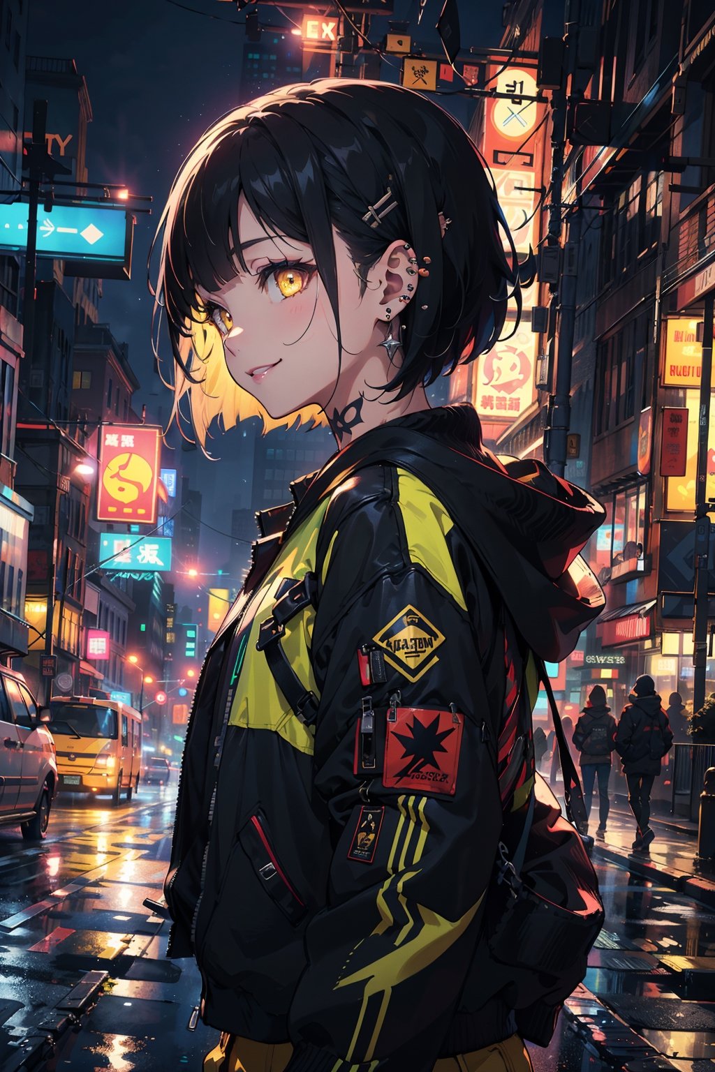 Best quality, masterpiece, 1girl, short blunt bob hair, yellow eyes, tattoos, yellow pants,yellow_shirt, upper body, ear piercings, black bomber jacket, profile picture, smiling,city night background,neon sign,outfit-km