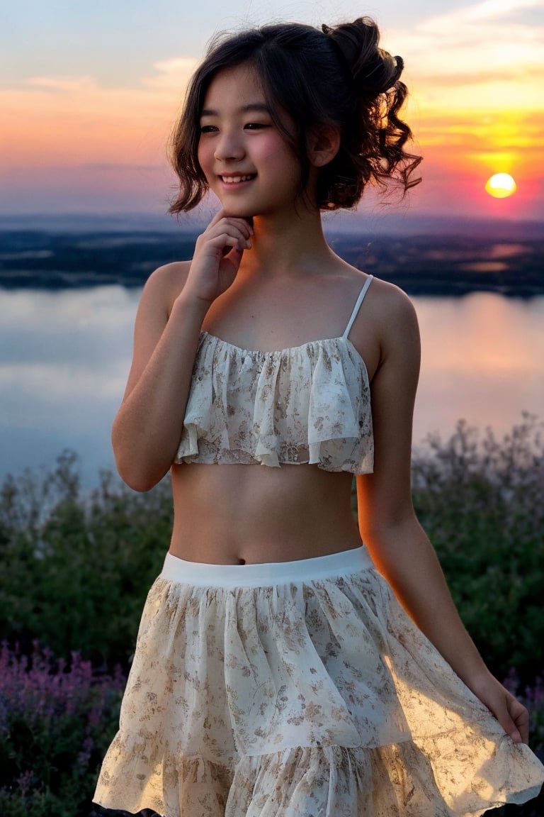 (f1l1p1no, 13 year old, white floral skirt, photo of perfect eyes, alluring smile, beautiful small hands, attractive pose, sunset, soft light in background), masterpiece, UHD, realism, realistic, depth of field, wide view, raytraced, belly button, full length body, mystical, luminous, high resolution, sharp details, translucent, beautiful, stunning, a mythical being exuding energy, textures, breathtaking beauty, pure perfection, with a divine presence, unforgettable, and impressive.,photorealistic