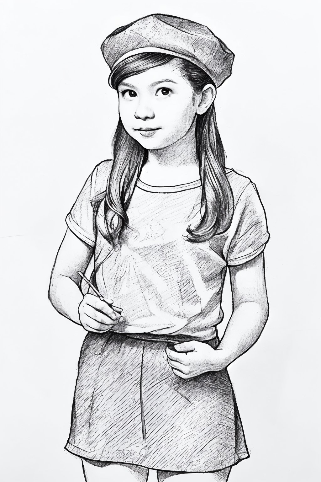 pencil drawing, graphite media, sketch, crosshatching shading, 13 year old asian girl,  beret, holding pencil in her hand, background white patterned paper