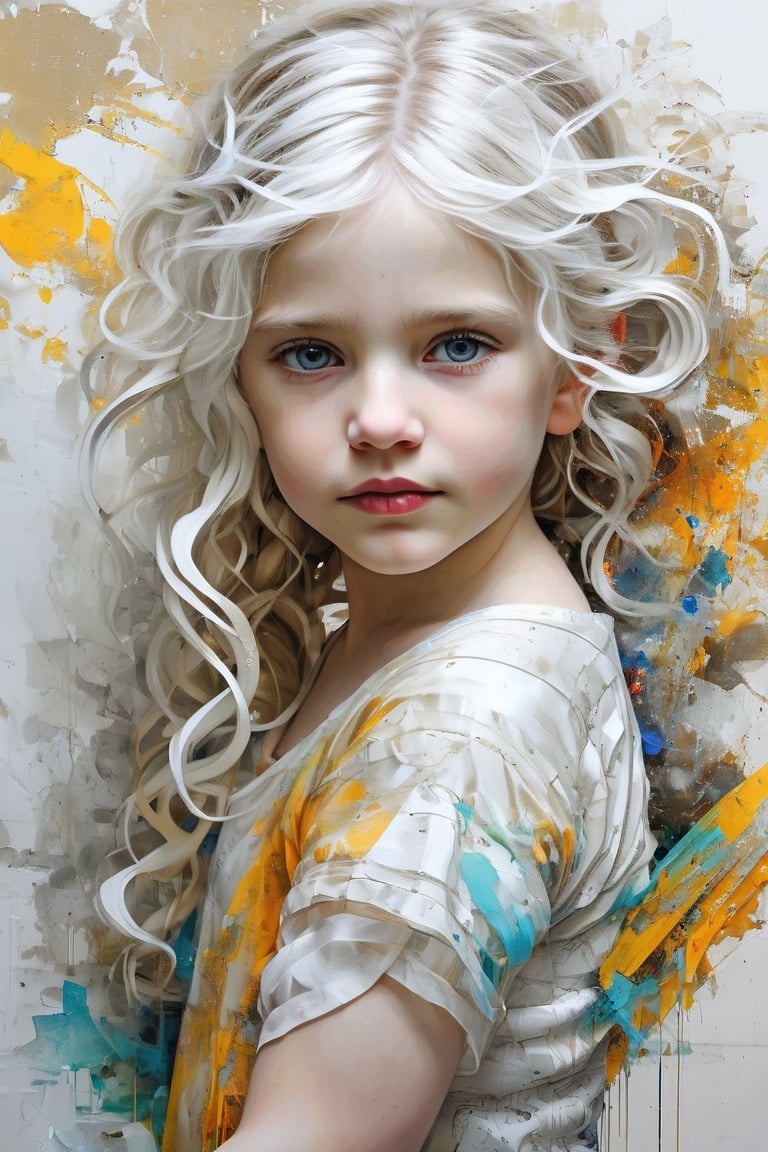 k1nd3r, 7 year old, white wavy hair, full body view, Other characteristics of Art Nouveau are (the sense of dynamism and movement given by asymmetrical or whiplash lines, crafts produced by fractal art,), Create unusual shapes in the style of Gustav Klimt and Alphonse Mucha, Using modern materials, especially iron + glass + ceramic + concrete,leonardo,organ,Young beauty spirit, by carne griffiths and wadim kashin, painting hyper-realistic, intricate detail,PoP art,ani_booster,aesthetic portrait