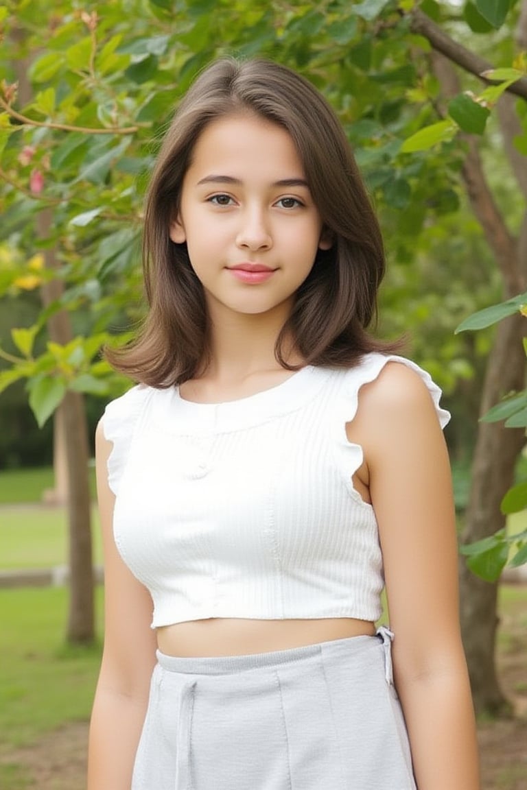 sandrine girl, 13 year old, is posing for a photo outdoors. She is wearing a white top and a short skirt. Budding chest. She is looking at the viewer.