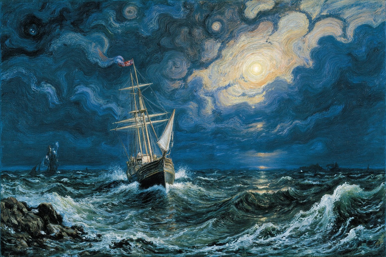 Impressionistic oil painting using the Impasto technique. Stormy ocean at night. A big sailing ship is struggling in the huge waves. The scene is lit only by lightning and the ship's lights. Composition follows the golden ratio.