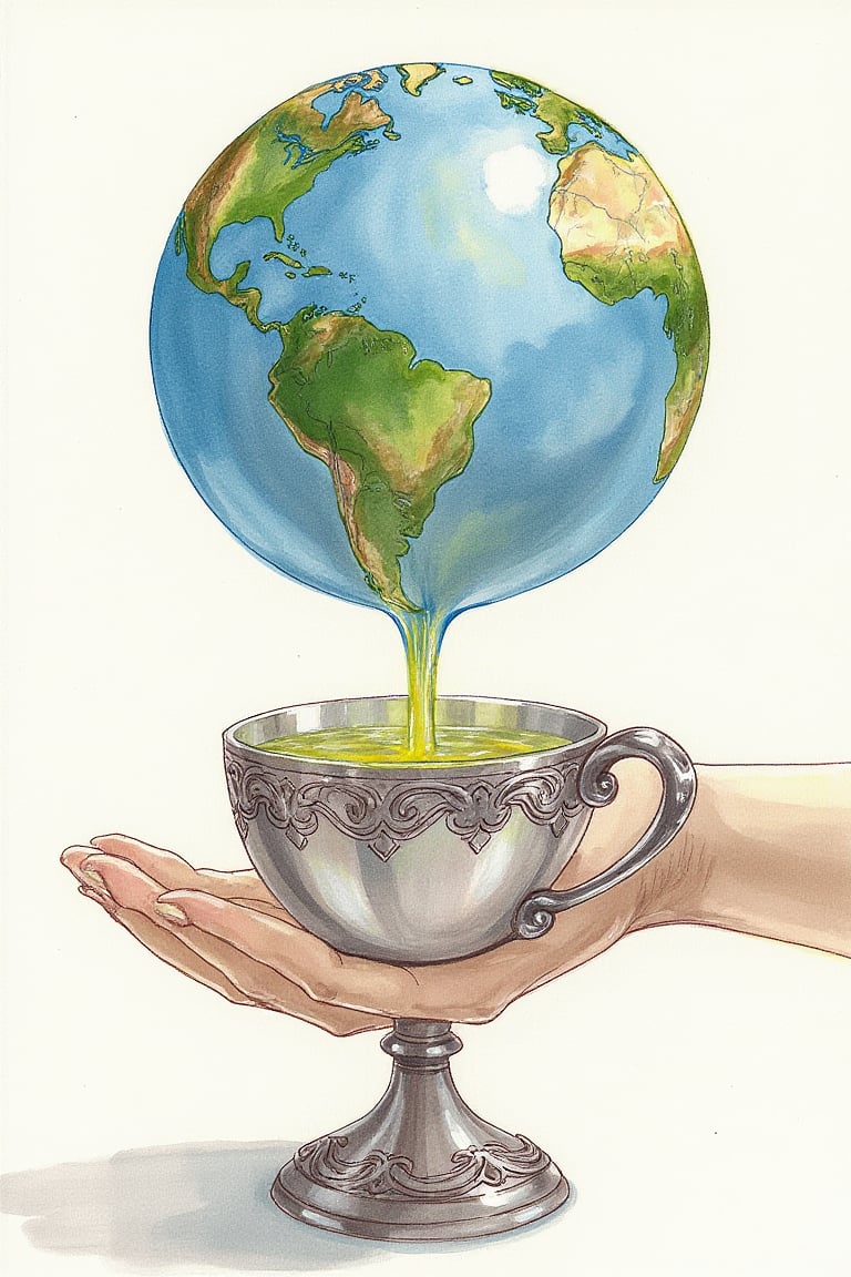 surreal art, watercolor. The earth is turning into a liquid and filling up a decorated silver cup. The cup is held gently by two hands. Reflections and shadows.