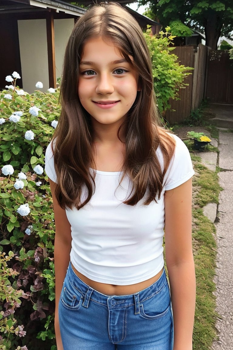 A 13 year old girl with  long brown hair is posing for a photo outdoors. She is wearing a white top and a jeans. Budding chest. She is looking at the viewer. She has an awkward smile.