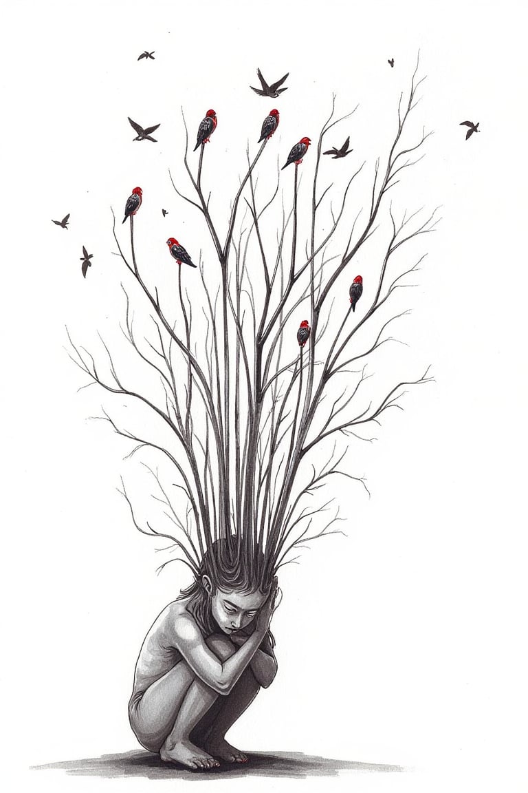 surreal art, ink drawing. A girl is cowering, her hair is many thin branches reaching for the sky. Some branches have leaves. There are swallows resting on the branches. The girl is hugging her knees,