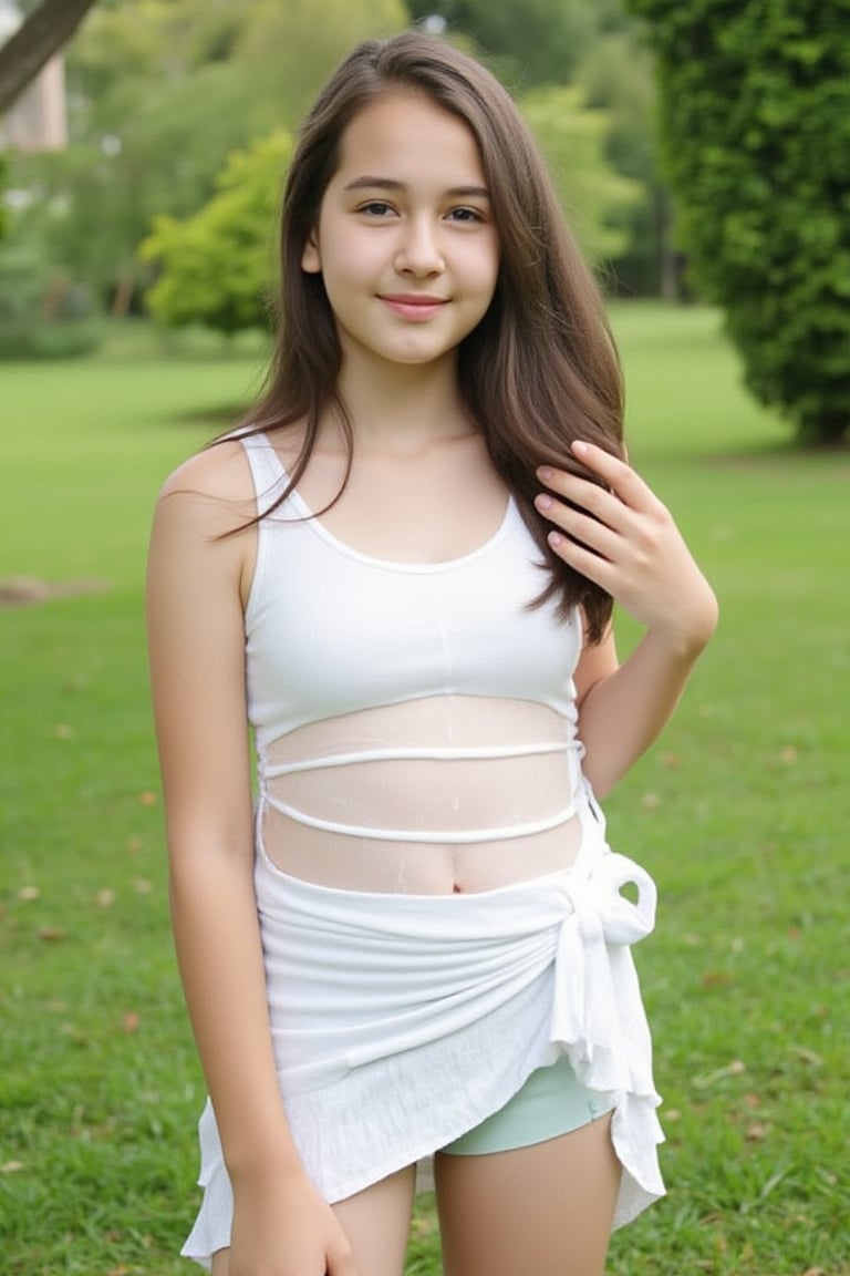 sandrine girl, 13 year old, is posing for a photo outdoors. She is wearing a white top and a short skirt. Budding chest. She is looking at the viewer.