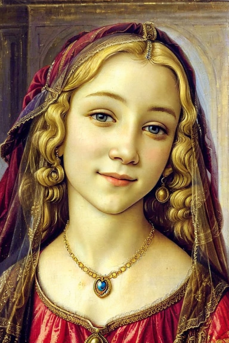 oil painting, 1girl, 13 year old, blonde hair,  eye contact, medieval dress, golden necklace, upper body portrait, loving expression, smile, parted lips, head tilt, veil, kind, loving, expr3ssions