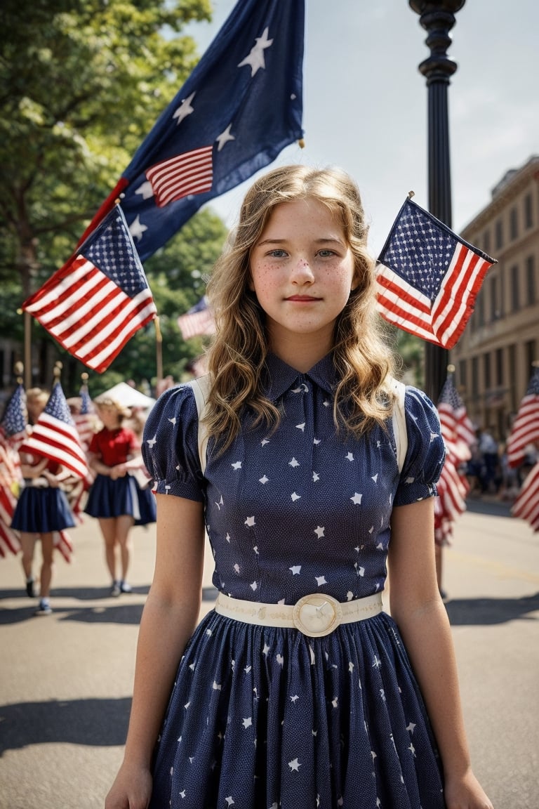 The scene is set on the Fourth of July, in a small American town square, adorned with red, white, and blue bunting. The sun is high, casting a bright light over the festivities.
In the center of the square, am3r1can girl, 14 year old, blonde hair, standing,  her back straight with pride. She’s dressed in a vintage-inspired blue dress with white polka dots, reminiscent of the 1940s. Her hands rest on her hips, and her chin is lifted slightly, conveying a sense of unwavering confidence and patriotism. Her eyes are fixed on a distant flagpole where the Stars and Stripes ripple in the breeze. Around her, children run with sparklers, their laughter mingling with the sounds of a parade in the distance. The girl’s expression is one of deep love and commitment to her country, a silent vow to uphold its values and honor its history. leonardo 