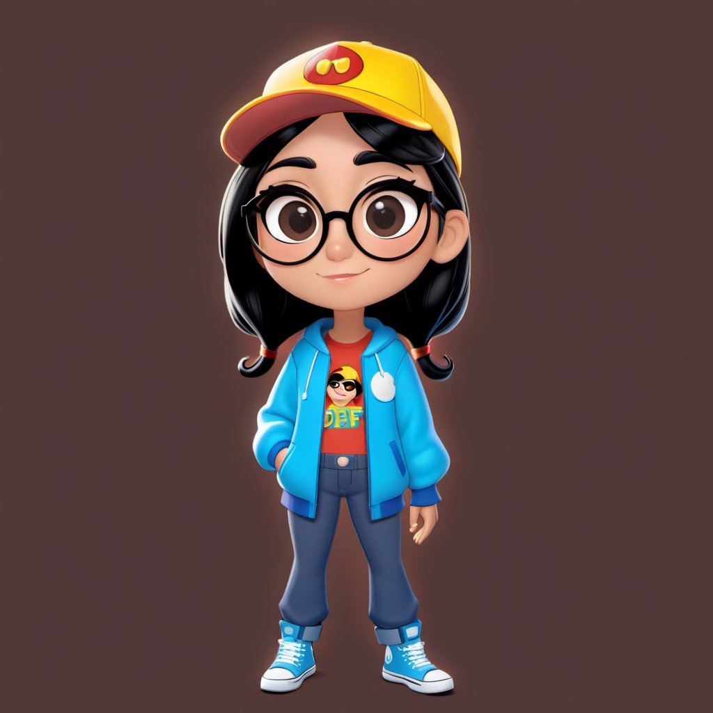 Create a 2D digital character in a  portrait background, NFT digital character, digital character having shining colored skin, digital character wearing exclusive clothing design, wears sunglasses, wears hat. Bitmoji cartoon style, full image,  disney pixar style