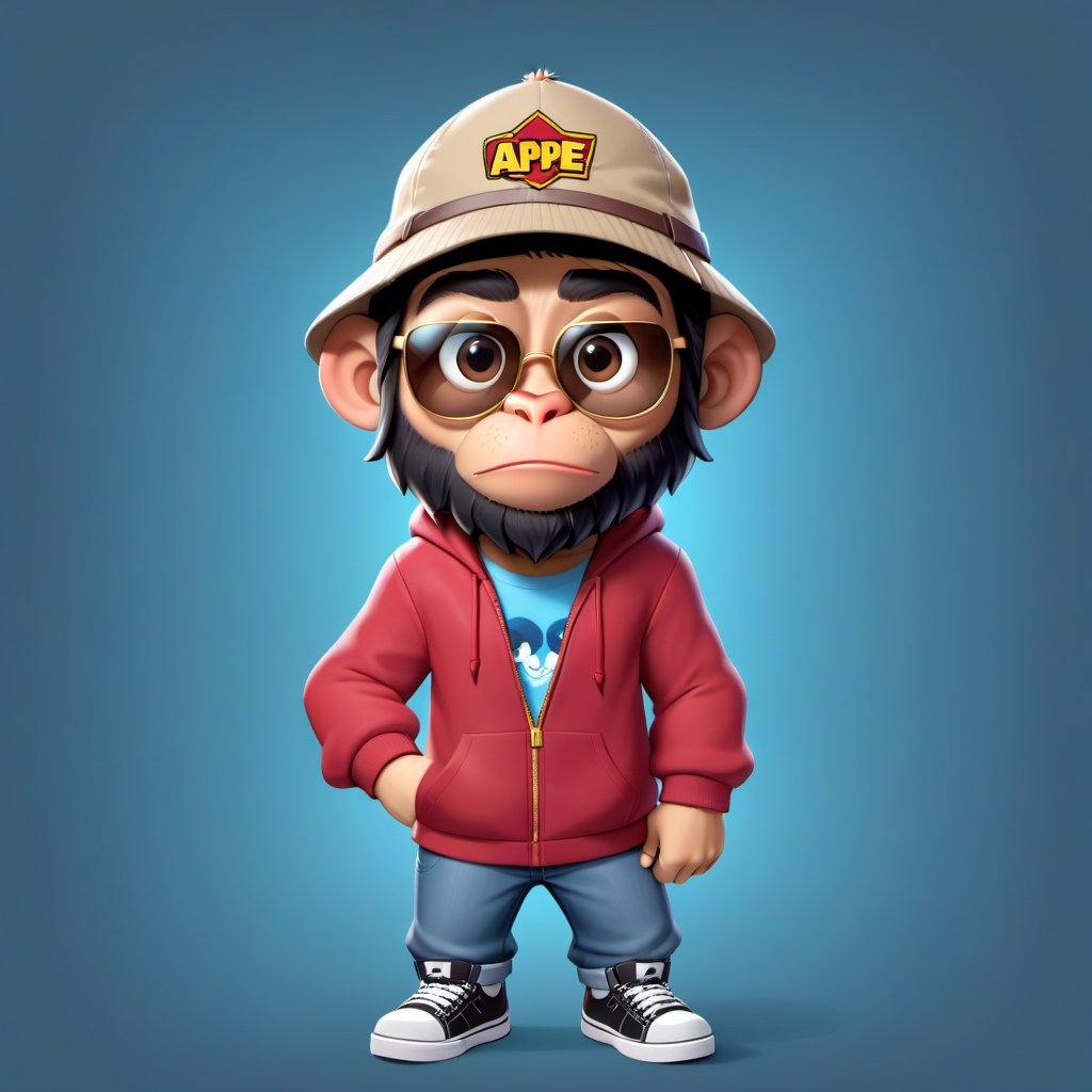 Create a 2D icecube ape character in a  portrait background, NFT ape, ape wearing stylish and expensive clothes, wears sunglasses, wears hat. Bitmoji cartoon style, full image, disney pixar style