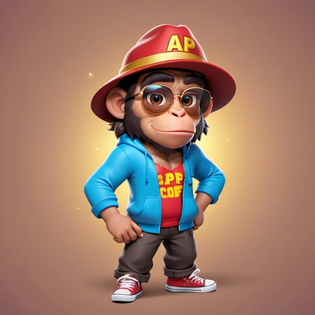 Create a 2D ape character in a  portrait background, NFT ape, ape having shining colored skin, ape  wearing exclusive clothing design, wears sunglasses, wears hat. Bitmoji cartoon style, full image,  disney pixar style