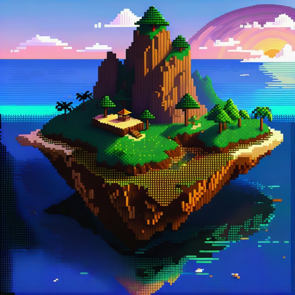 Create dynamic island nft in the. This island is in a portrait background. ,Pixel art