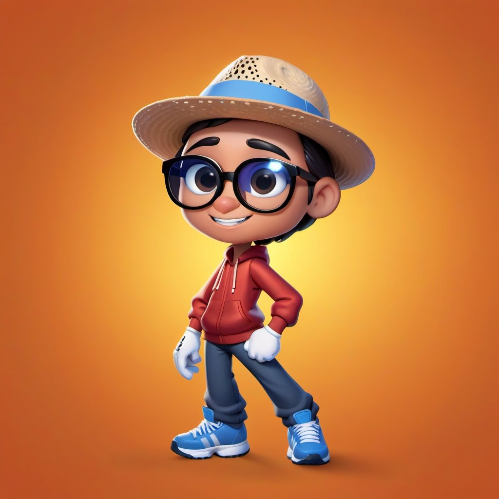 Create a 2D ant character in a  portrait background, NFT ant, ant having shining colored skin, ant wearing exclusive clothing design, wears sunglasses, wears hat. Bitmoji cartoon style, full image,  disney pixar style