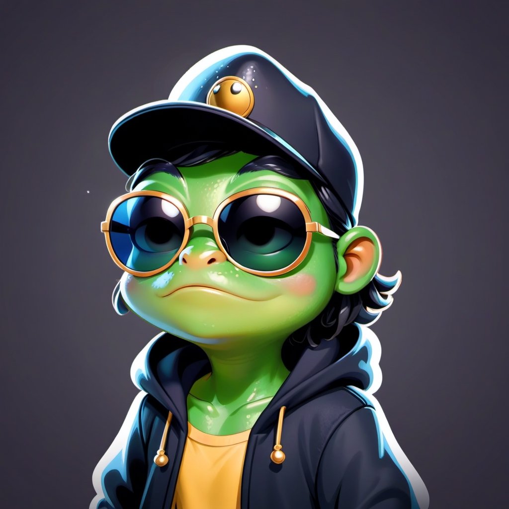 Create a 2D thug frog character in a  portrait background, NFT frog, frog having shining colored skin, frog wearing exclusive clothing design, wears sunglasses, wears hat. Bitmoji cartoon style, full image,  disney pixar style