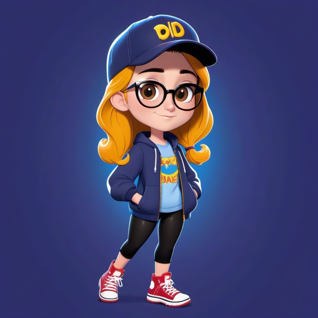 Create a 2D digital character in a  portrait background, NFT digital character, digital character having shining colored skin, digital character wearing exclusive clothing design, wears sunglasses, wears hat. Bitmoji cartoon style, full image,  disney pixar style