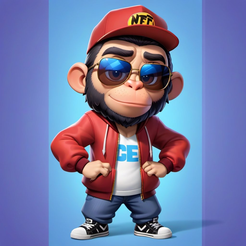 Create a 2D icecube ape character in a  portrait background, NFT ape, ape wearing stylish and expensive clothes, wears sunglasses, wears hat. Bitmoji cartoon style, full image, disney pixar style