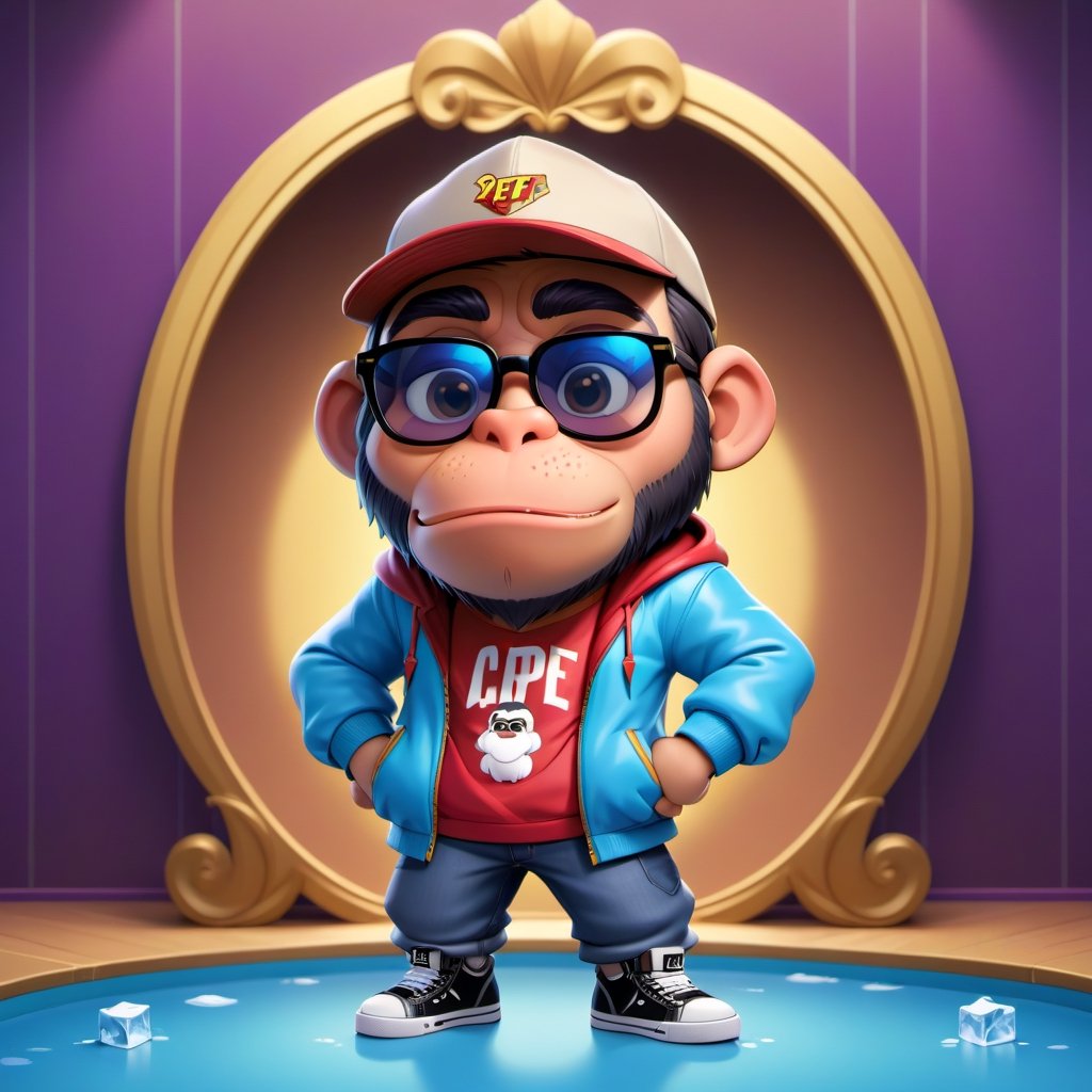 Create a 2D icecube ape character in a  portrait background, NFT ape, ape wearing stylish and expensive clothes, wears sunglasses, wears hat. Bitmoji cartoon style, full image, disney pixar style