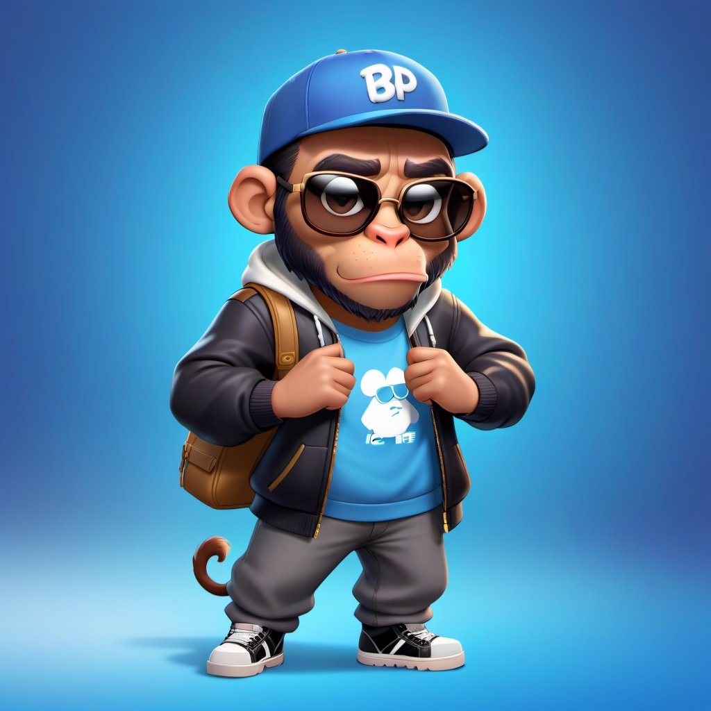 Create a 2D icecube ape character in a  portrait background, NFT ape, ape wearing stylish and expensive clothes, wears sunglasses, wears hat. Bitmoji cartoon style, full image, disney pixar style