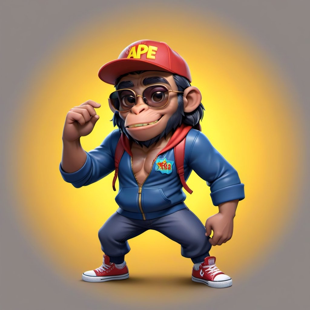 Create a 2D ape character in a  portrait background, NFT ape, ape having shining colored skin, ape  wearing exclusive clothing design, wears sunglasses, wears hat. Bitmoji cartoon style, full image,  disney pixar style