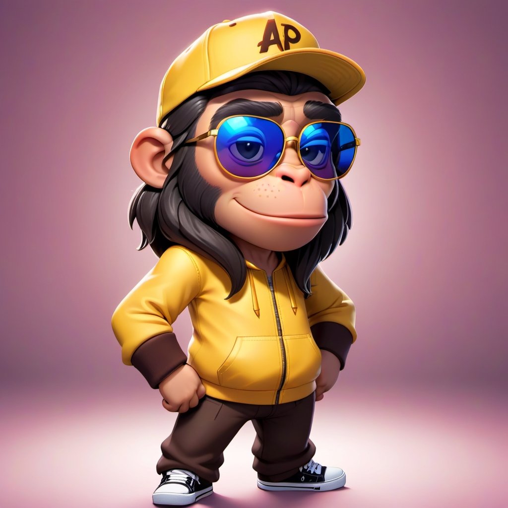 Create a 2D ape character in a  portrait background, NFT ape, ape having shining colored skin, ape  wearing exclusive clothing design, wears sunglasses, wears hat. Bitmoji cartoon style, full image,  disney pixar style