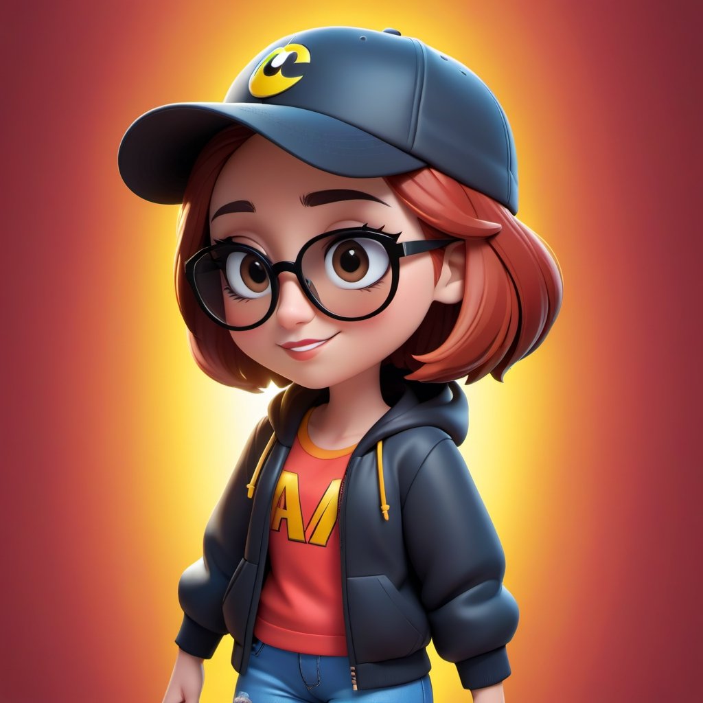 Create a 2D digital character in a  portrait background, NFT digital character, digital character having shining colored skin, digital character wearing exclusive clothing design, wears sunglasses, wears hat. Bitmoji cartoon style, full image,  disney pixar style