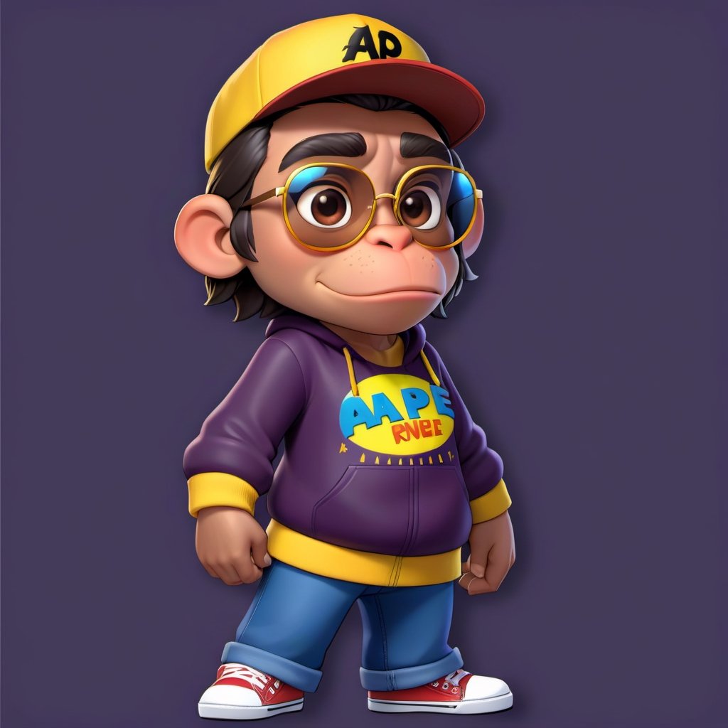 Create a 2D ape character in a  portrait background, NFT ape, ape having shining colored skin, ape  wearing exclusive clothing design, wears sunglasses, wears hat. Bitmoji cartoon style, full image,  disney pixar style