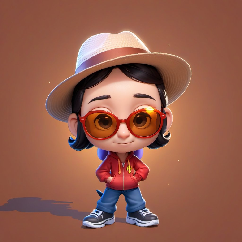 Create a 2D ant character in a  portrait background, NFT ant, ant having shining colored skin, ant wearing exclusive clothing design, wears sunglasses, wears hat. Bitmoji cartoon style, full image,  disney pixar style