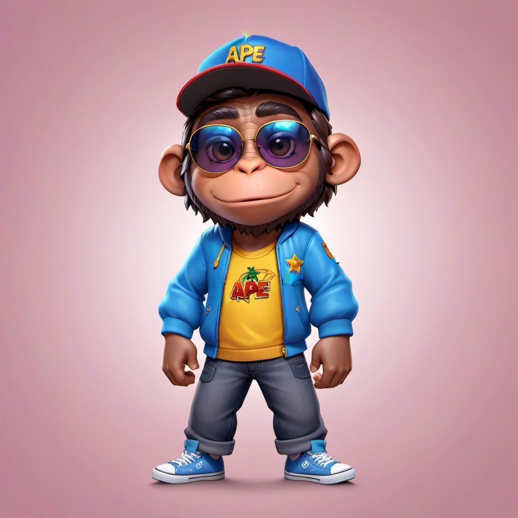 Create a 2D ape character in a  portrait background, NFT ape, ape having shining colored skin, ape  wearing exclusive clothing design, wears sunglasses, wears hat. Bitmoji cartoon style, full image,  disney pixar style