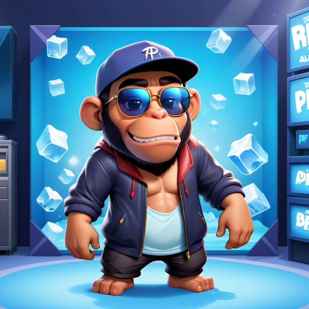 Create a 2D icecube ape character in a  portrait background, NFT ape, ape wearing stylish and expensive clothes, wears sunglasses, wears hat. Bitmoji cartoon style, full image, disney pixar style