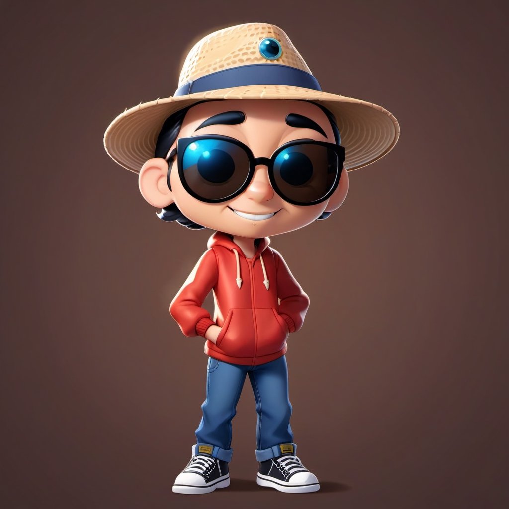 Create a 2D ant character in a  portrait background, NFT ant, ant having shining colored skin, ant wearing exclusive clothing design, wears sunglasses, wears hat. Bitmoji cartoon style, full image,  disney pixar style