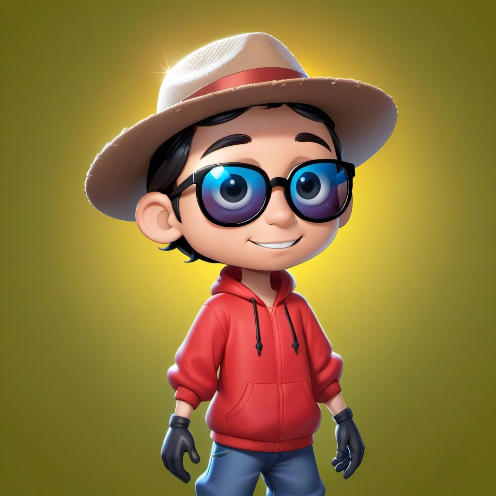 Create a 2D ant character in a  portrait background, NFT ant, ant having shining colored skin, ant wearing exclusive clothing design, wears sunglasses, wears hat. Bitmoji cartoon style, full image,  disney pixar style