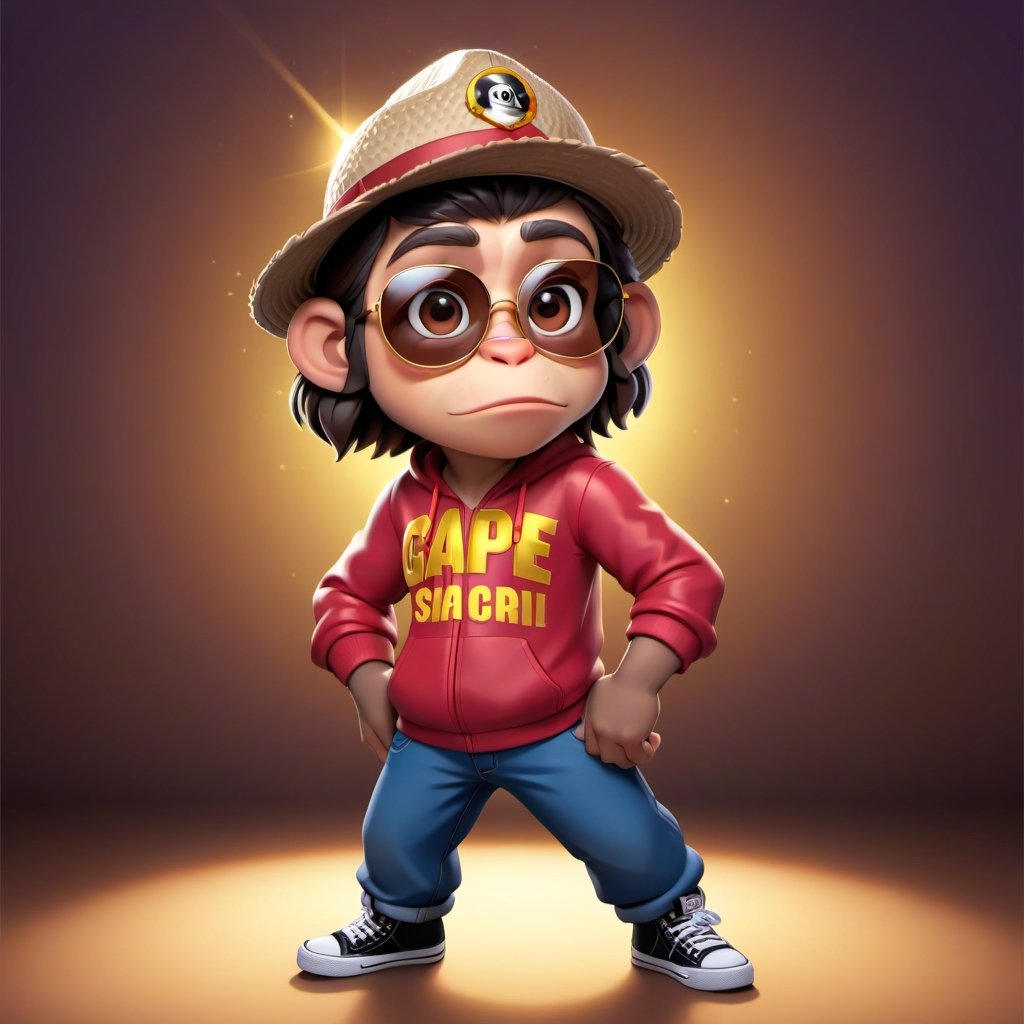 Create a 2D ape character in a  portrait background, NFT ape, ape having shining colored skin, ape  wearing exclusive clothing design, wears sunglasses, wears hat. Bitmoji cartoon style, full image,  disney pixar style