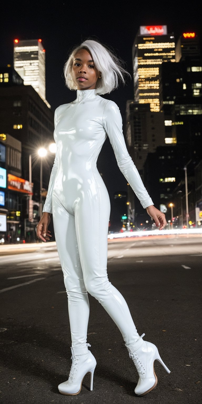 beautiful black girl, dark skin, ((platinum white hair)), straight hair,
wearing ((white latex bodysuit)), ((high heels, white footwear)),
posing, outdoors, new york, at night, 