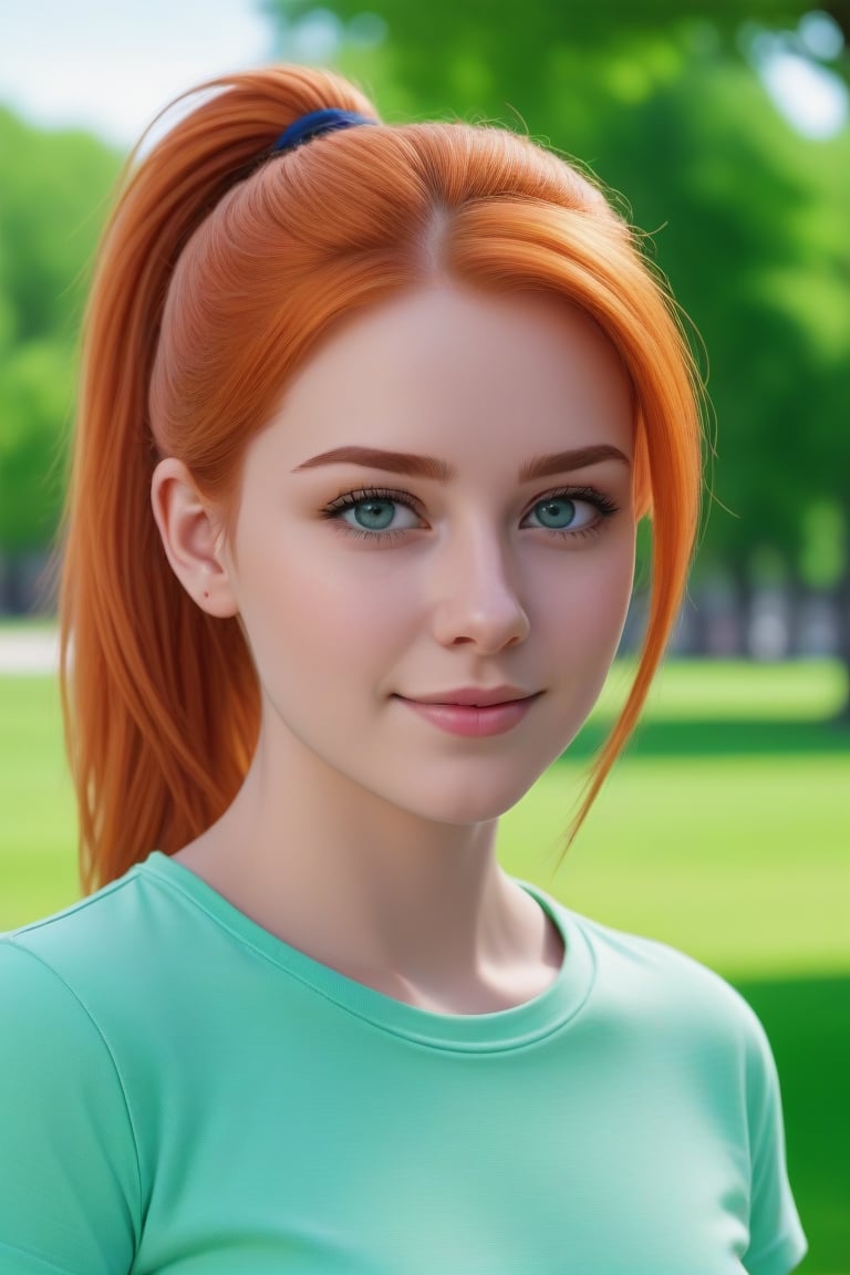 real life, realistic, cute american 20 year old american girl, ((orange hair, all hair tied in ponytail)), pale, freckles, ((grey/blue eyes)), beautiful face, cute smile, thighs.
wearing ((light green tshirt)), ((jeans shorts)),.
high quality picture outside walking in park. full body portrait, facing viewer,

ultrahd, ultrahd quality image., good eyes, detailed eyes, high detail eyes, beautiful eyes,,<lora:659095807385103906:1.0>