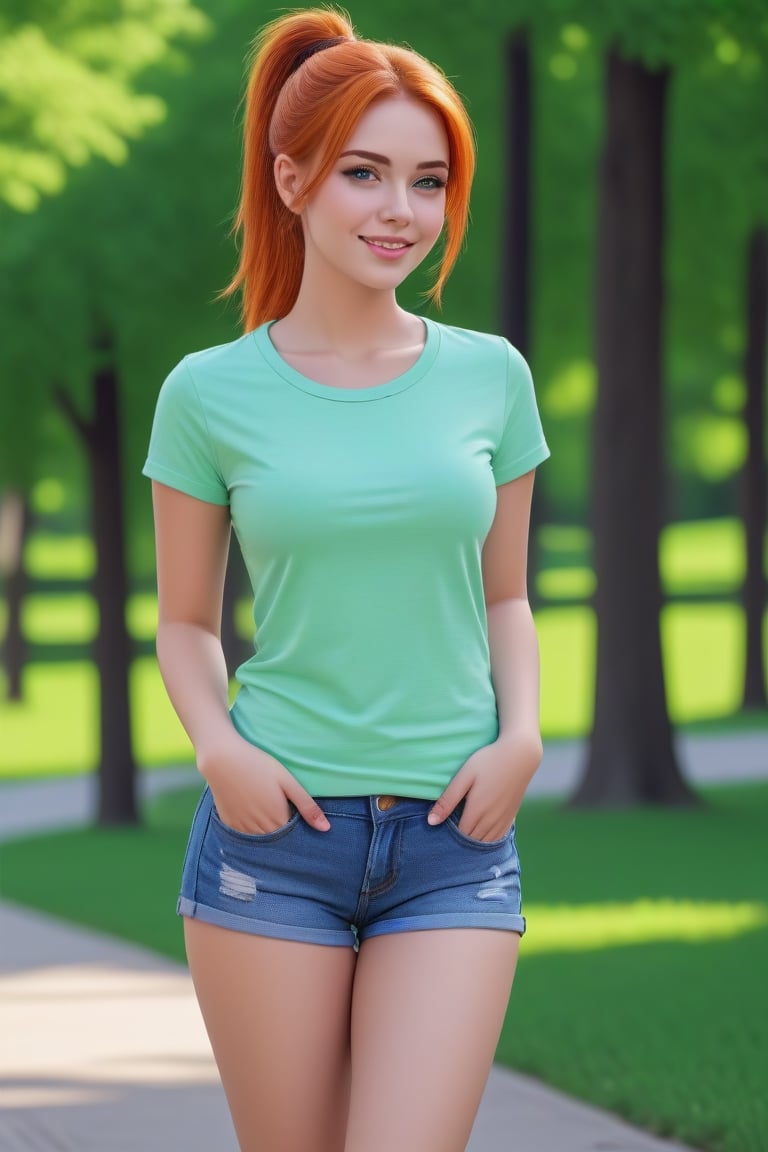 real life, realistic, cute american 20 year old american girl, ((orange hair, all hair tied in ponytail)), pale, freckles, ((grey/blue eyes)), beautiful face, cute smile, thighs.
wearing ((light green tshirt)), ((jeans shorts)),.
high quality picture outside walking in park. full body portrait, facing viewer,

ultrahd, ultrahd quality image., good eyes, detailed eyes, high detail eyes, beautiful eyes,,<lora:659095807385103906:1.0>