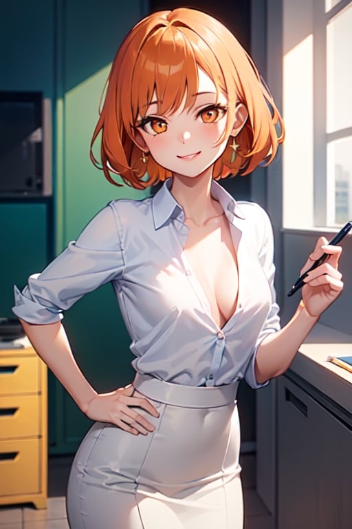 1girl, smile,
short haircut, orange hair, orange eyes,
white shirt, pencil skirt, cleavage, small breasts
in office,
(best quality), colorful, vibrant colors, masterpiece, high contrast, detailed, best quality, high resolution,