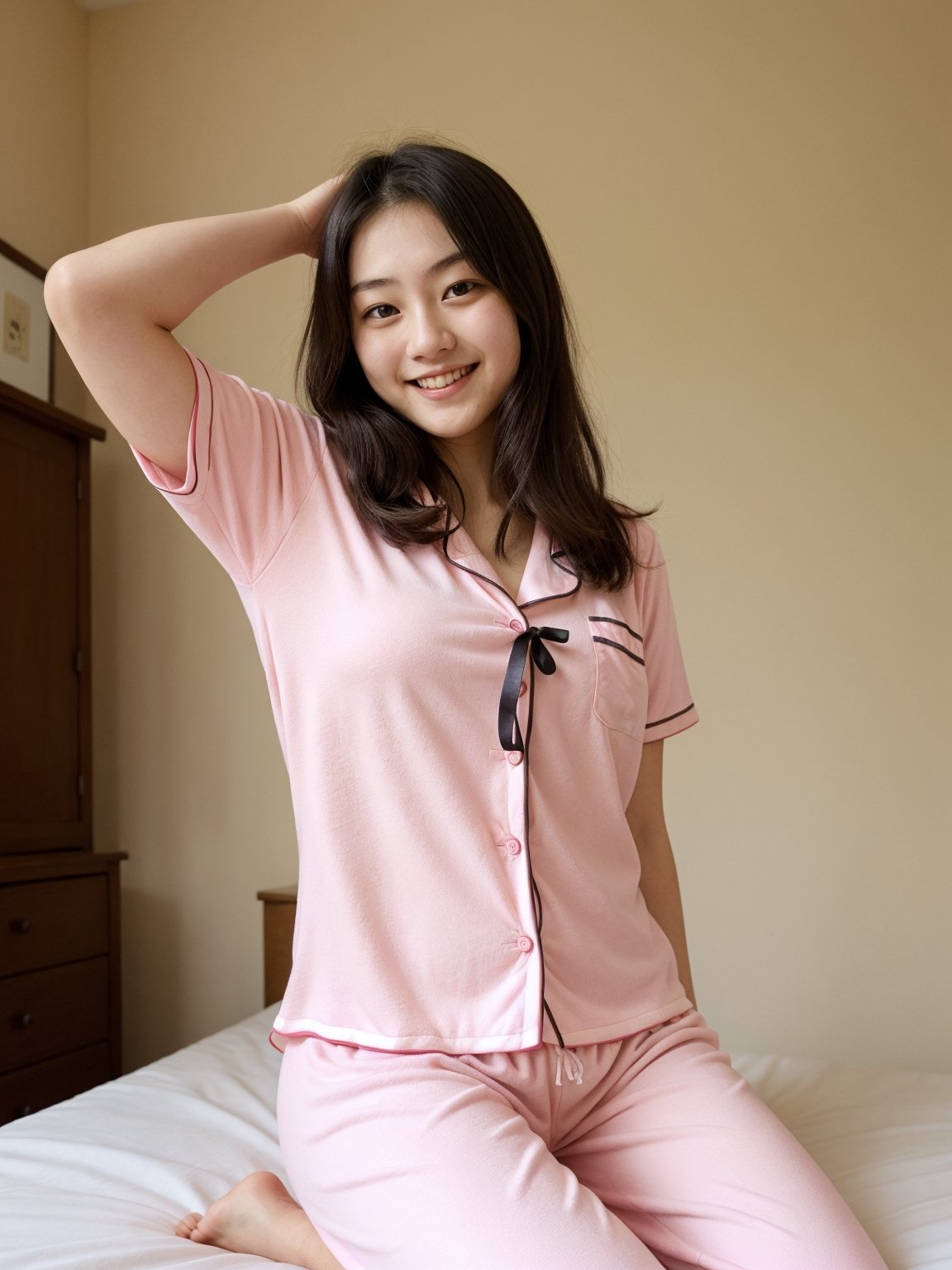 young, cute, 20 years old, japanese, bedroom, (pink pajamas), plain, natural, average, happy, playful, natural beauty, slim,