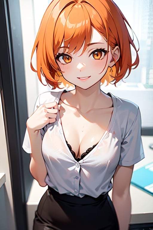 1girl, smile,
short haircut, orange hair, orange eyes,
white shirt, black pencil skirt, cleavage, small breasts
in office,
(best quality), colorful, vibrant colors, masterpiece, high contrast, detailed, best quality, high resolution,